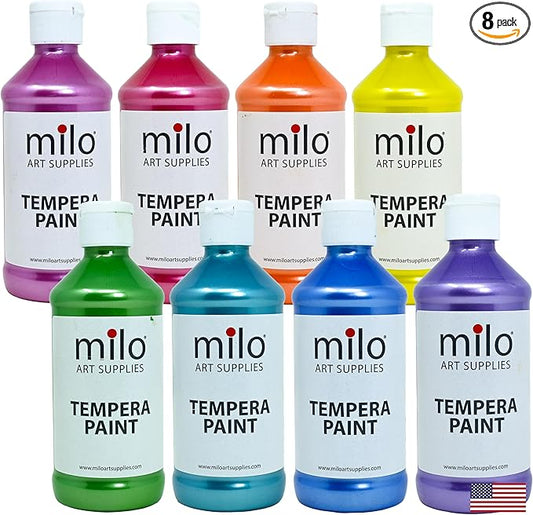 milo Washable Paint | Sparkle Pearlescent Tempera | Set of 8 Colors 8 oz Bottles | Made in the USA | Washable and Non-Toxic Glitter Arts & Crafts Poster Paints for Classroom, School, Project