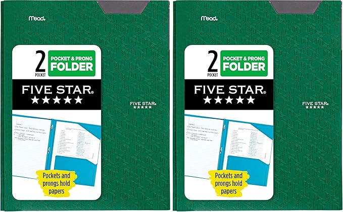 Five Star 2-Pocket Folder, Plastic Folder with Stay-Put Tabs and Prong Fasteners, Holds 8-1/2" x 11" Paper, Forest Green (72111) (Pack of 2)