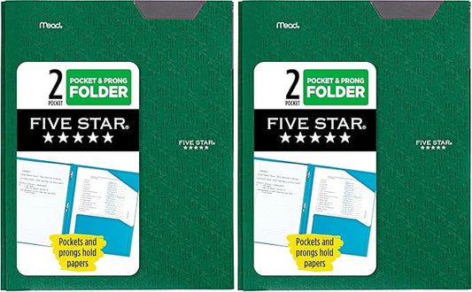Five Star 2-Pocket Folder, Plastic Folder with Stay-Put Tabs and Prong Fasteners, Holds 8-1/2" x 11" Paper, Forest Green (72111) (Pack of 2)