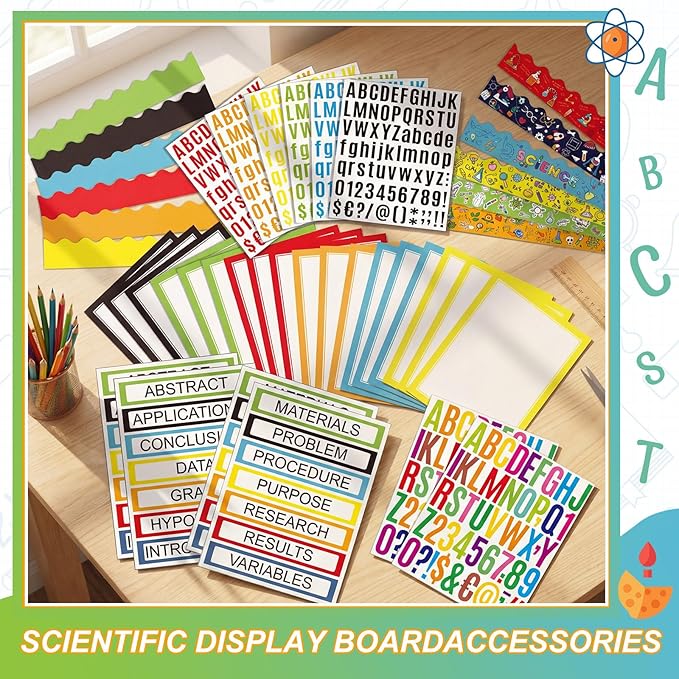 Sinload 92 Pcs Science Fair Board Supplies 60 Trim Scalloped Poster Boards 18 Presentation Subtitles 6 Project Titles 8 Letter Sticker for Classroom Display Boards(Multicolor,Science Lab)