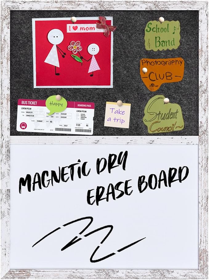 Whiteboard Bulletin Board Dark Gary Felt Board Combo for Office School Kitchen Bedroom, White Wood Frame,17.7"*23.6",Whiteboard+BK-4560WH