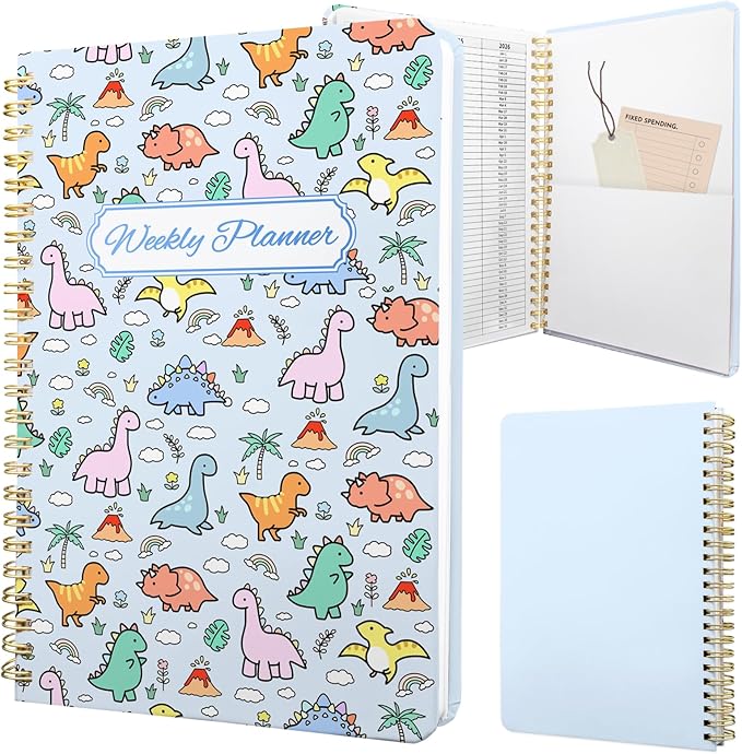 Weekly Planner Undated - 52 Weeks To Do List Notebook A5 for Work: Weekly Task, Habit Tracker Journal, Goal Setting, Agenda Sprial Bound Organizer Book for Women Cute Stylish Design, Dino
