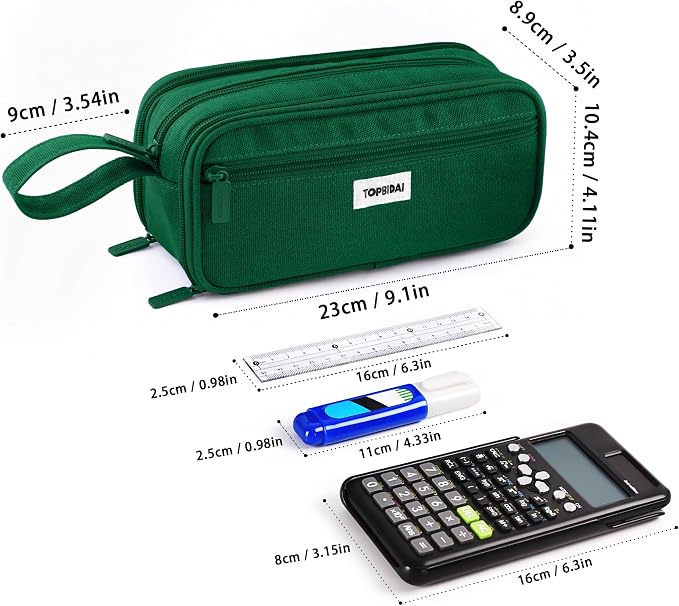 TOPBIDAI Large Pencil Case Pouch for Girls Boy Women Men Adults | Big Capacity Canvas Pencil Bag, Office School Supplies, Multi Compartment Zipper Stationery Pen Box(Dark Green)