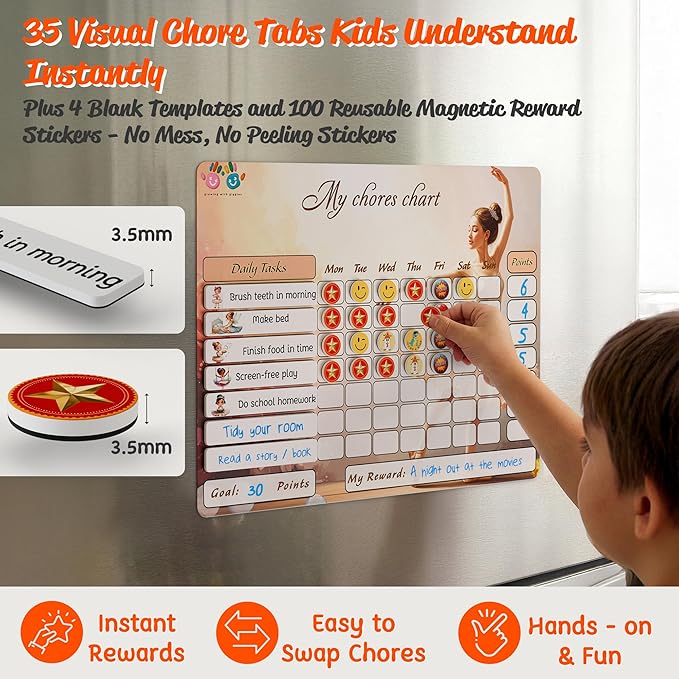 Mimi Doodle Magnetic Chore Chart for Kids – 16x12 Dry Erase Daily Responsibility Board for Fridge with 39 Chore tabs, 100 Reward Stickers – Behavior Chart for Kids at Home – Ballerina Theme