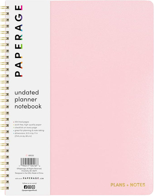 PAPERAGE Undated Daily Planner & To Do List Notepad (Blush), 8.5 in x 11 in, Spiral Bound Planner Notebook for Work, School or Home, 104 Lined Pages With Date Tracker for Plans & Notes