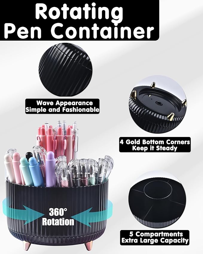 Black Desk Accessories, Office Supplies 360°Pen Holder Desk Organizers, With Tape Dispenser, Stapler, Staple Remover, Ect, Elevate Your Workspace With Sleek Black Sophistication, Back to School