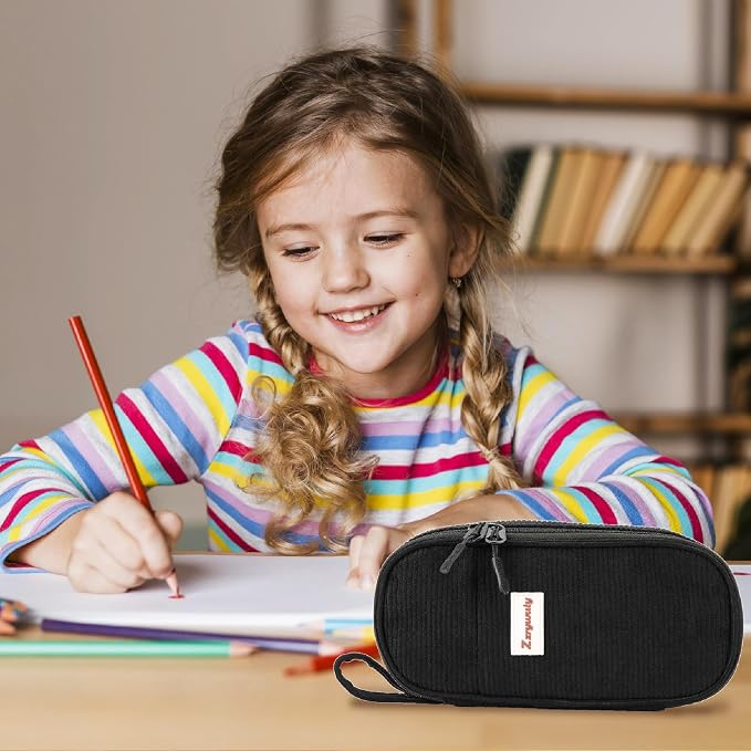 Zzrywuty Aesthetic Pencil Case, Large Capacity Soft Corduroy Pouch with Handle, Wide Opening Black Cute Stationery Bag & Organizer for School Office, Teens Adults