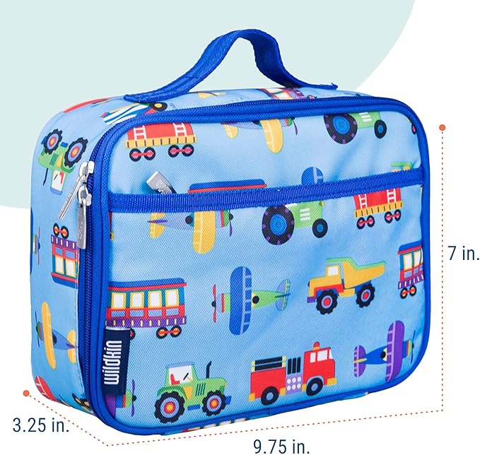Wildkin Kids Insulated Lunch Box, Keeps Food Hot or Cold, BPA-Free with Mesh Pockets & Easy-Clean Lining – Ideal for School, Travel & Daycare – Trains, Planes, and Trucks
