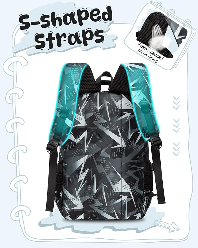 BLUEFAIRY Kids School Backpack for Boys Girls Ages 6-8 8-10 10-12 Elementary Middle School Book Bags with Laptop Compartment Mochilas Escolares para Niños Niñas de 8 10 12 Años (Black, Geometric)