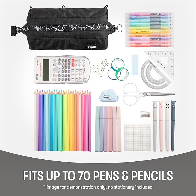 ZIPIT Lenny Pencil Case, Large Zipper Pouch for Girls and Boys, Black | Aesthetic pouch for school, machine washable, colorful lining, holds 55 pens & pencils, doubles as a makeup case for travel