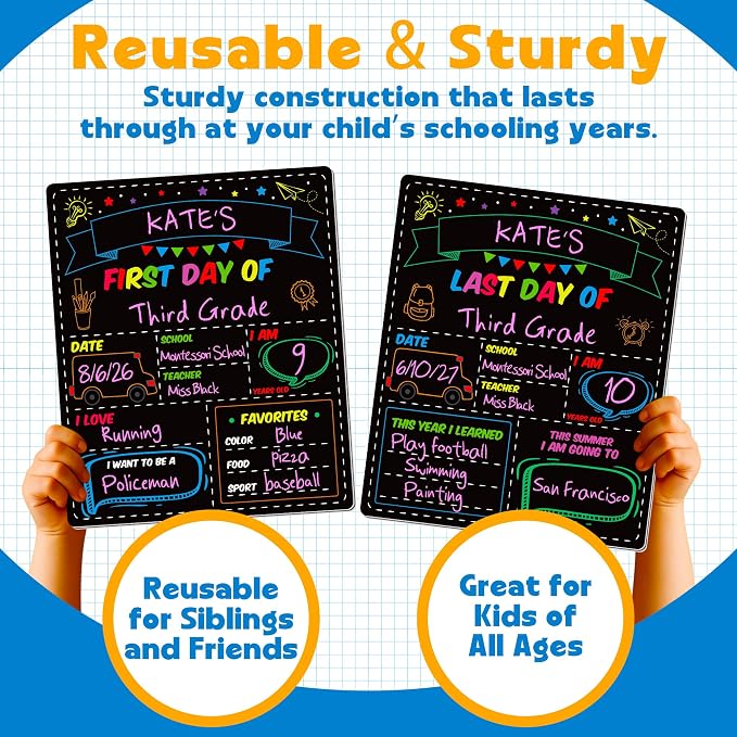 First and Last Day of School Board, Paper Back to Class Chalkboard for Kids | 10 X 12 IN Double Sided First Day of School Board, Blank Writing School Sign, Kindergarten Pre-School Memories and Milestones