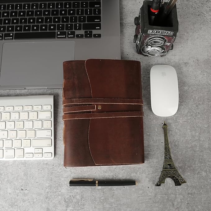 KomalC Dark Tan Leather Journal 8x6 | Handmade Vintage Notebook with Unlined Cotton Paper | Rustic Writing Diary & Sketchbook | Antique Travel Journal for Men & Women