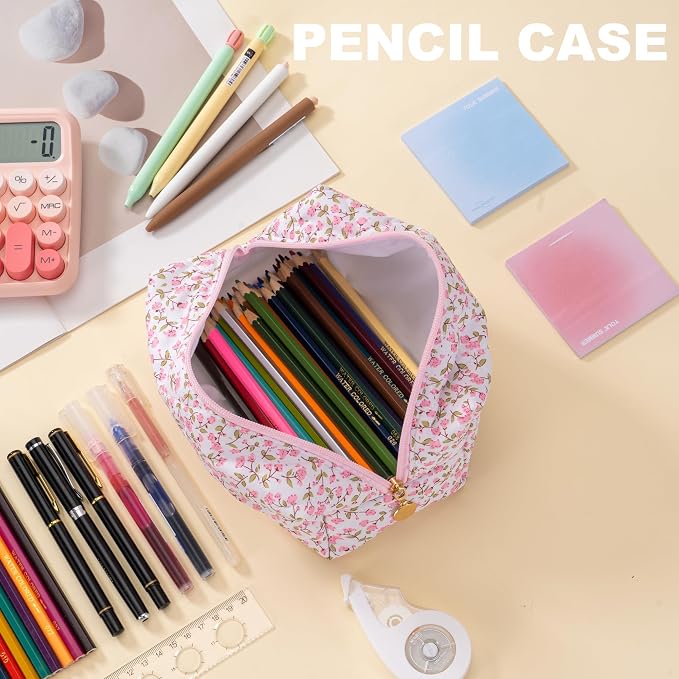 Makeup Bag Travel Toiletry Bag for Women, Small Cosmetic Bags Cute Quilted Cotton Makeup Pouch for Purse Emergency Bag Floral Pencil Case Accessory Bag, Pink