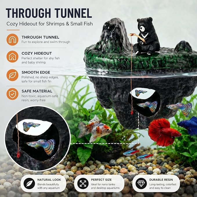 Floating Bear Aquarium Decoration for Betta, Goldfish and Small Turtles | Water-Resistant PVC, Lightweight Buoyant Design, Cartoon Style, Easy-Clean, for Desktop Tanks and Bowls