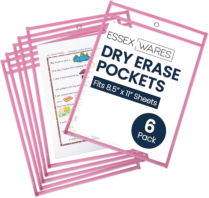 Essex Wares - 6 Pack, Pink, Dry Erase Pocket Document Protectors, 10" Wide x 13.5" Tall - Dry Erase Clear Plastic Sleeves - Reusable & Easy Erase Plastic Invoice Holders, Water-Resistant & Durable