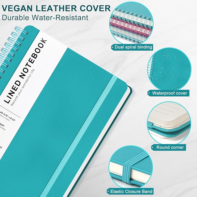 Lined Spiral Journal Notebook with 160 Pages, 8×5.7in, A5 Spiral Notebook, Journaling Notebooks for Work, School, Women, Men, College Ruled Spiral Notebook, Hardcover Leather Journals, Turquoise