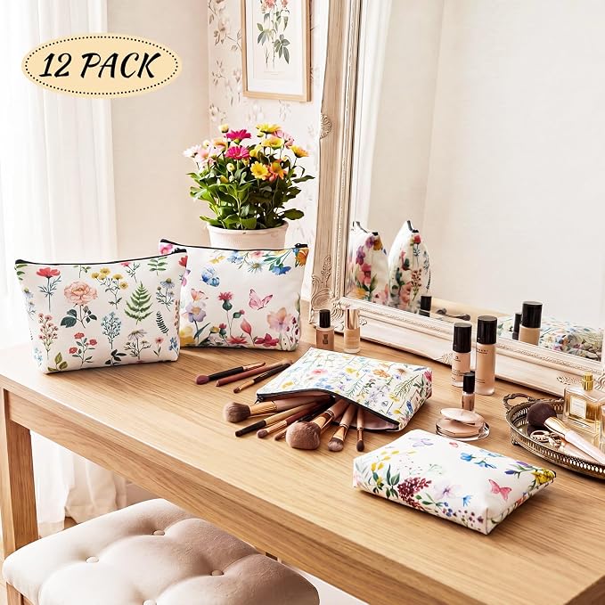 Reginary 12 Pcs Wildflower Makeup Bags Spring Summer Floral Cosmetic Bags with Zippers Flower Butterfly Pouch Bulk Appreciation Gifts for Women Teacher Wedding Birthday Travel Party Supplies