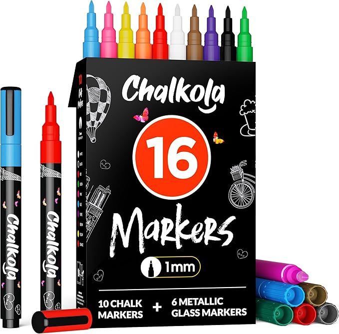 Chalkola Extra Fine Tip Chalk Markers for Blackboard & Glass (Pack of 16, 1mm Point) | Window Marker, Liquid Chalk Pens for Acrylic Dry Erase Board, Mirror, Car | Thin Chalkboard Markers Erasable