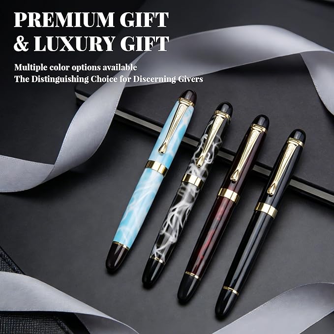 YUNCHUN Marble Fountain Pen for Writing, Refillable Luxury Metal Pens with Ink Pen with 10 Black and 10 Blue Ink Refills, Business Writing Fountain Pen for Men and Women, Marble Blue