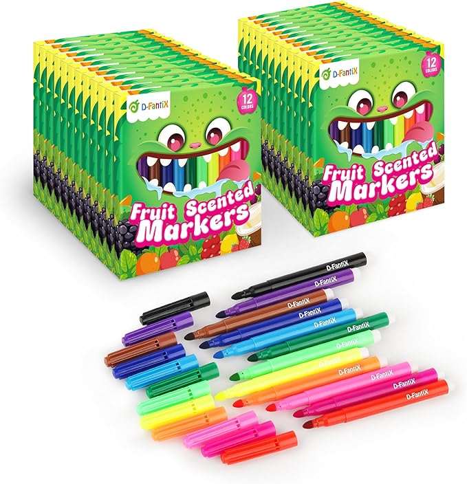 D-FantiX 24 Packs Fruit Scented Washable Markers Bulk, 288 Count Coloring Markers for Kids Party Favors, Preschool Classroom Must Haves and Rewards, Back to School Supplies for Girls Boys