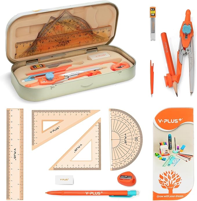 Geometry Set for Students, Math Protractor Compass with Rulers Mechanical Pencil, Box of Protactors Kit for Class Supplies and School Kids Toddler - 12 Pcs, Back to School Supplies for Kids
