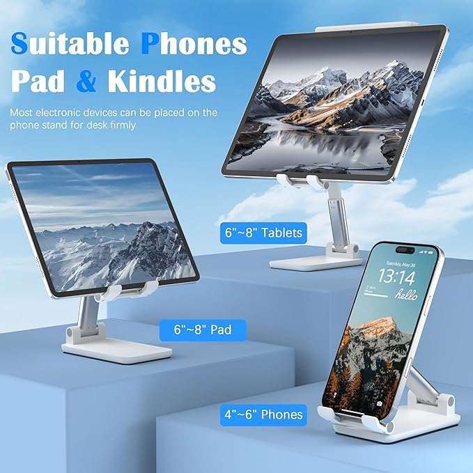 Cell Phone Stand, Adjustable Angle and Height Cell Phone Holder for Desk, Foldable and Portable, Anti-Slip Silicone Pad, Compatible with All Mobile Phones and 4-8 Inch Devices, White