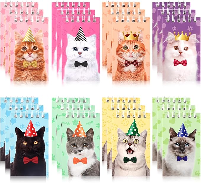 Hooqict 24 Pack Small Pocket Notebook Bulk Mini Notebooks for Cat Party Favors Mini Spiral Notepads Cute Memo Pads for Goodie Bag Stuffers, Pinata Fillers