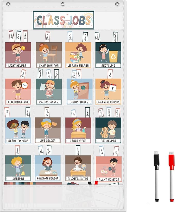 Class Jobs Pocket Chart Class Management Educational Pocket Chart with Clips Teacher's Helper Classroom Must Haves Supplies (White)