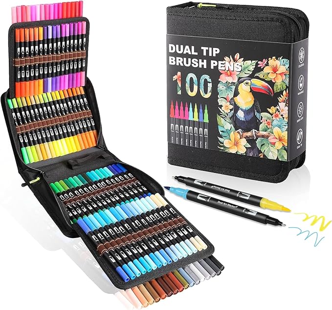 TOSHARE Art Markers Pens Dual Tip Coloring Markers Set with Brush & Fine Nib for Adult Coloring Book Brush Pens Professional Calligraphy & Drawing Art Supplies Kit for Adults (100 Colors)