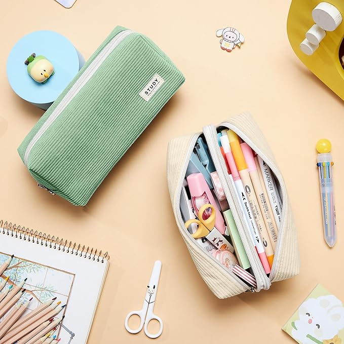 KALIDI Large Pencil Case Corduroy Pencil Pouch Box Cute School Supplies for Teen Girls Boys, Beige