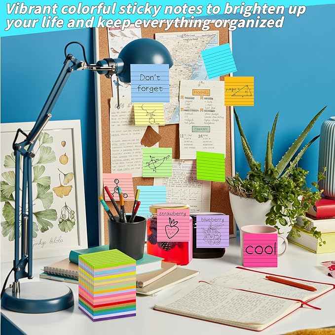100 Pack Lined Sticky Notes Bulk 3 x 3 In Self-Stick Note Pads Colorful Posted Note in 20 Colors Adhesive Paper Memo 50Sheets/Pad Easy to Post for Office Home School Meetings Notebook Wall Door Window
