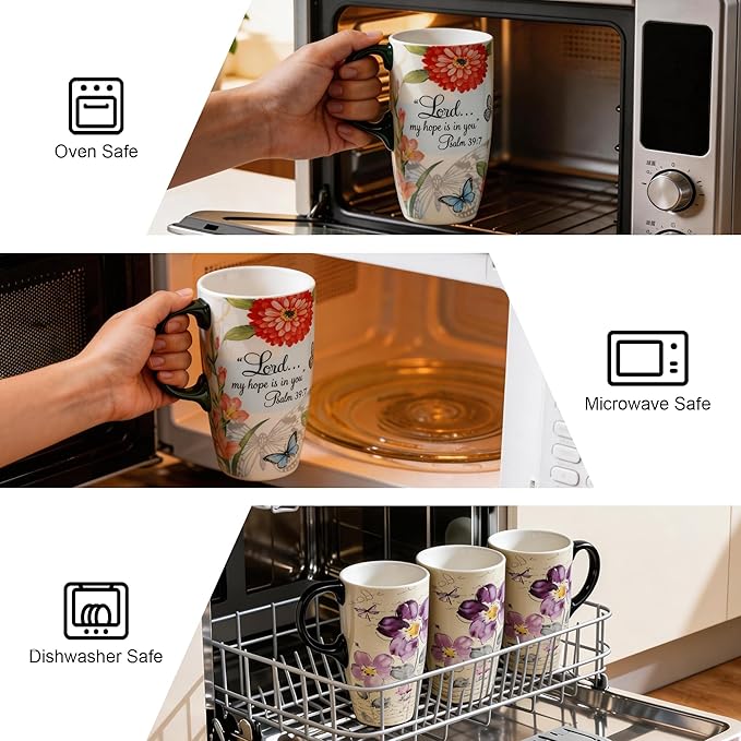 Topadorn 2-Pack 17oz Ceramic Travel Coffee Mugs with Lids, Floral Psalm Design, Microwave & Dishwasher Safe, Gift Set for Women and Men
