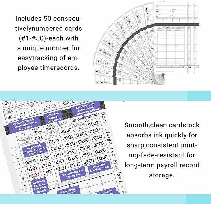 600 Time Cards Includes 2 Replacement Ink Ribbons for HN4000 Employee Time Clocks – Compatible with uPunch HN4000,HN2000, HN2500, HN4500 – Pre-Punched, Cards Numbered 1–50,