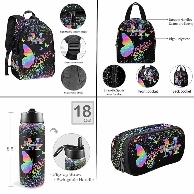 M YESCUSTOM Personalize Girls Backpack with Lunch Bag, Butterfly Custom Backpack for Girl Kids Bookbag Elementary School Kindergarten Travel Bag