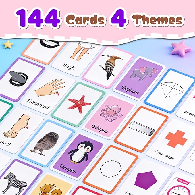4 Set in 1, 144 Pcs Flash Cards for Toddlers 1-3, Word-Picture Recognition - Telling Time, Animal, Shape, Body Parts Flashcards for Toddler 1-3, Flash Cards for Toddlers 1-3