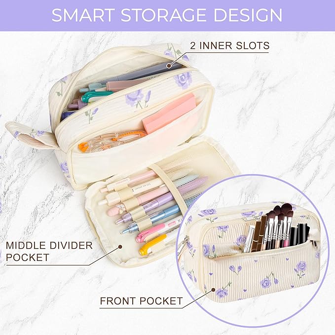 Large Pencil Pouch for Girls,Cute Corduroy Pencil Case Pouch Aesthetic Soft Pencil Bag for School, Zippered Pencil Organizer School Supplies for Teen Girls Women Gift (purple floral)