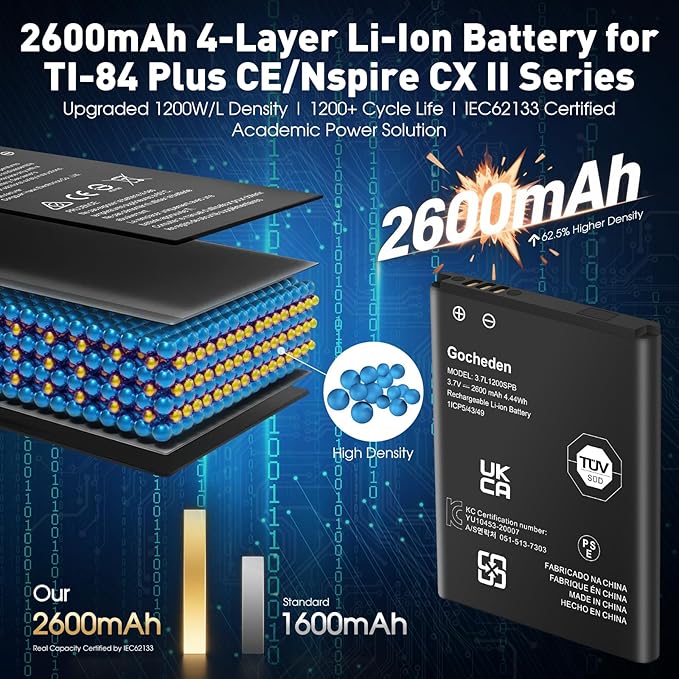 TI 84 Plus CE Battery, TI-84 Plus CE Battery Replacement for Texas Instruments Calculator, TI-84 Calculator, Part No. P11P35-11-N01 3.7V 2600mAh, TI-Nspire CX II TI-Nspire CX II CAS
