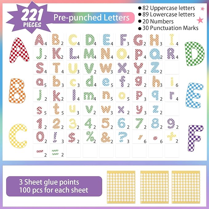 221 Pcs Checkered Notebook Bulletin Board Letters, Round Alphabet Number Punctuation Symbol Combo Letter Cutouts, Colorful Classroom Decor for Summer School Chalkboard Whiteboard Poster Wall