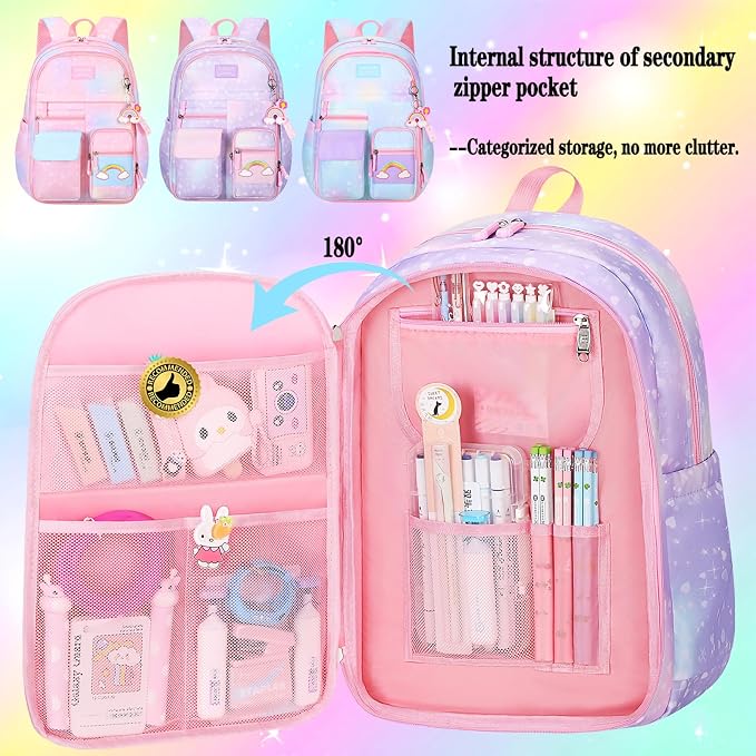 Jcobvig Rainbow Backpack For Girls Kids,Cute Student School Backpack With Pen Bag,Aesthetic Starry Rainbow Laptop Travel Bag