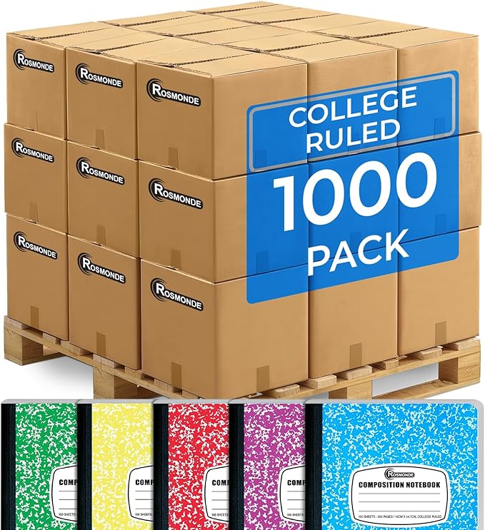 Rosmonde 1000 Pack (Pallet) Composition Notebook Bulk, College Ruled, Pallet of Composition Notebooks, 100 Sheets (200 Pages), 9-3/4 x 7-1/2, Bulk Notebooks for School & Office, 4-7 Days Transit