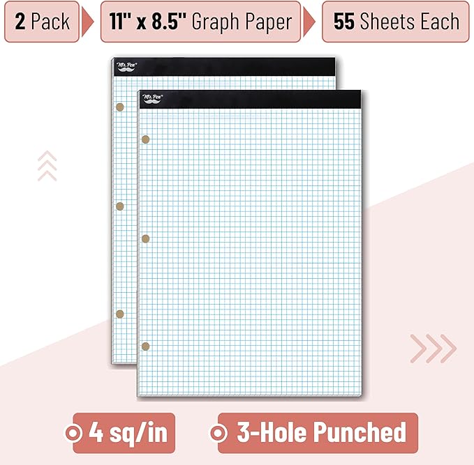 Mr. Pen- Graph Paper, 2 Pack of 55 Sheets, 8.5"x11", 4x4 (4 Squares Per Inch), 3-Hole Punched, Graphing Paper, Grid Paper Pad, Math Graph Paper Pad, Drafting Paper, Computation Pads, Square Paper