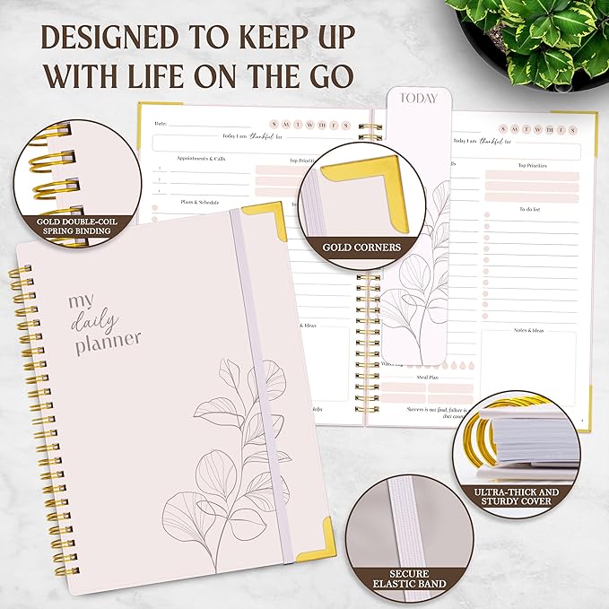 Decorably 120 Pages My To Do Planner Undated Notebook with Gold Corners, 6.4x8.5in Aesthetic Spring-Bound with Simplified Sections & Inspirational Quotes, Checklist, Contacts - Home, School, Office