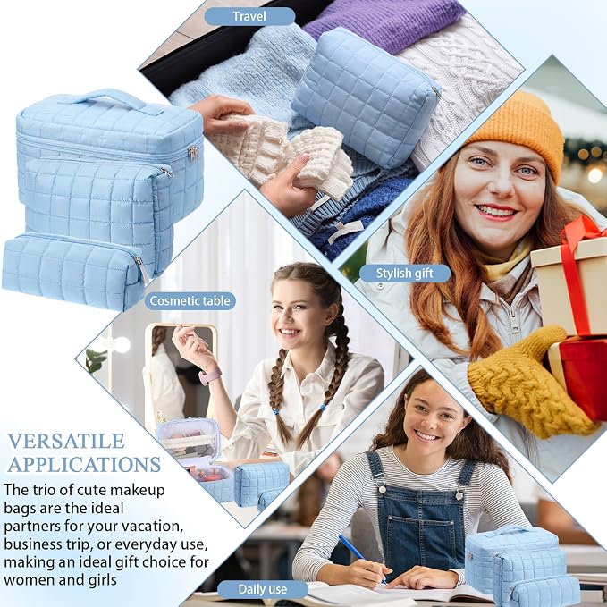 Huhumy 3 Pcs Large Puffy Makeup Bag Set Quilted Cosmetic Pouch for Women Cute Checkered Travel Toiletry Bag Puffer Makeup Organizer Purse Pouch Preppy Pencil Case with Zipper Valentine Gift(Blue)