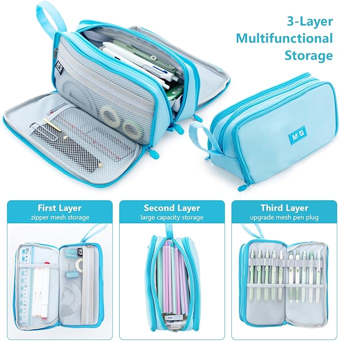 M&G Large Pencil Case, Big Capacity Pencil Pouch with 3-layer Compartment, Portable Handheld Pencil Bag, Cute School Stationery Organizer for Boys Girls Men Women, Ideal for Office School,Blue