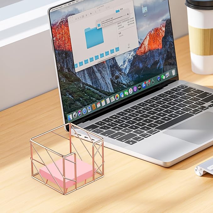 Rose Gold Geometric Sticky Note & Memo Cube Holder, Post Note Dispenser & Desk Organizer Metal Wire for Home, School, Office Supplies (Holder Only)