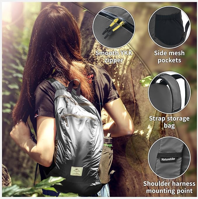 Naturehike 25L Lightweight Hiking Backpack, Waterproof Camping Packable Backpack Ultralight for Travel, Airplane, Small Hiking Daypack for Adults, Grey