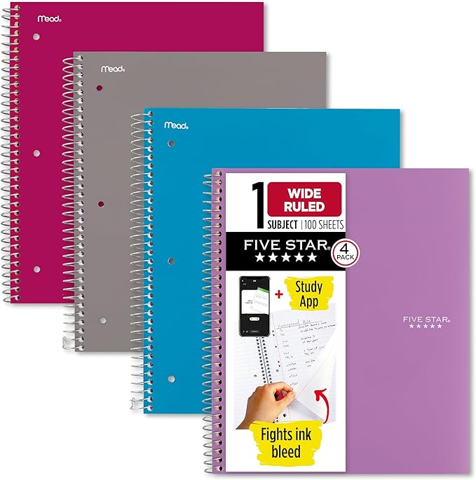 Five Star Spiral Notebook + Study App, 4 Pack, 1 Subject, Wide Ruled Paper, 8" x 10-1/2", 100 Sheets, Fights Ink Bleed, Water Resistant Cover, Purple, Pink, Gray and Blue (930105-ECM)