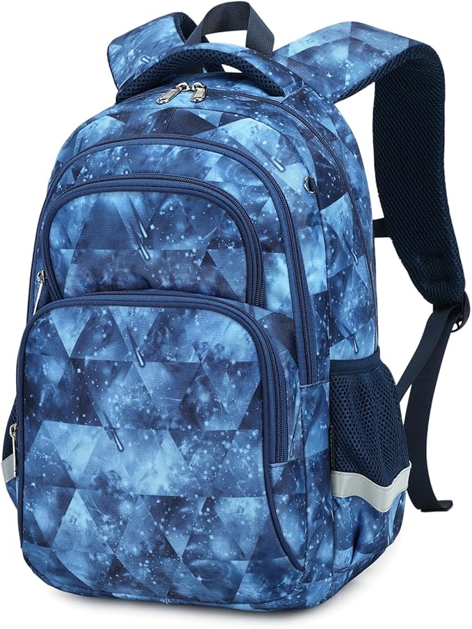 Cusangel Kids Backpack for Girls and Boys, 16in Nylon Bookbag, Large Capacity, Multi-Pocket with Chest Strap, Ages 8-14 (Blue-Boysbag)