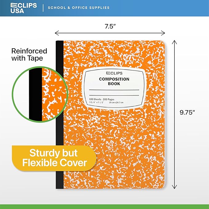 Composition Notebook Wide Ruled Composition Notebooks Bulk Orange Marble Hard Cover Wide Ruled Notebook Paper Note Books For Schools Marble Composition Books 100 Sheets 200 Pages 9.75” x 7.25” (24 Pack, Orange)