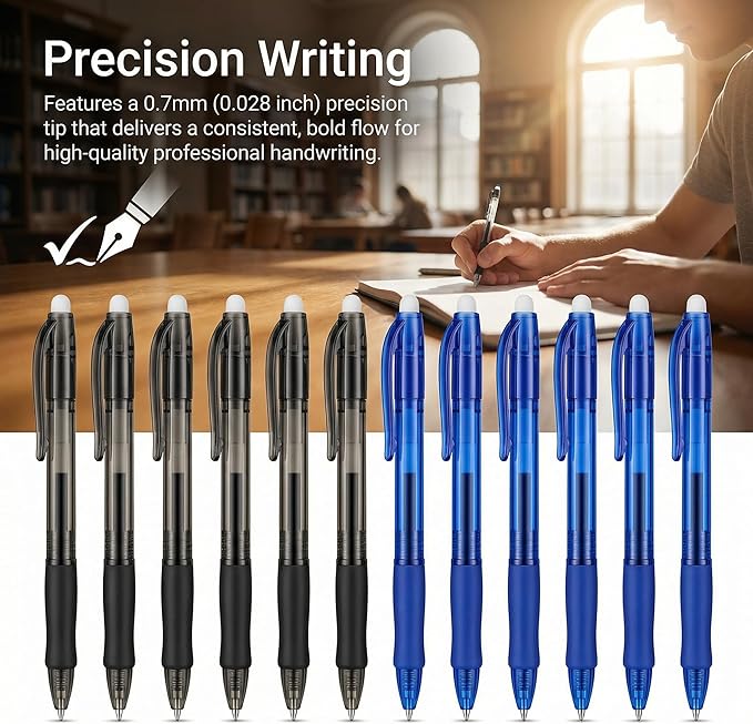 Volcanics 12 Pack Erasable Gel Pens, 0.7mm Capped Friction Pens for Note Taking and Crosswords, 6 Soft Black and 6 Blue Ink Pens with Soft Comfort Grip for Home and Office